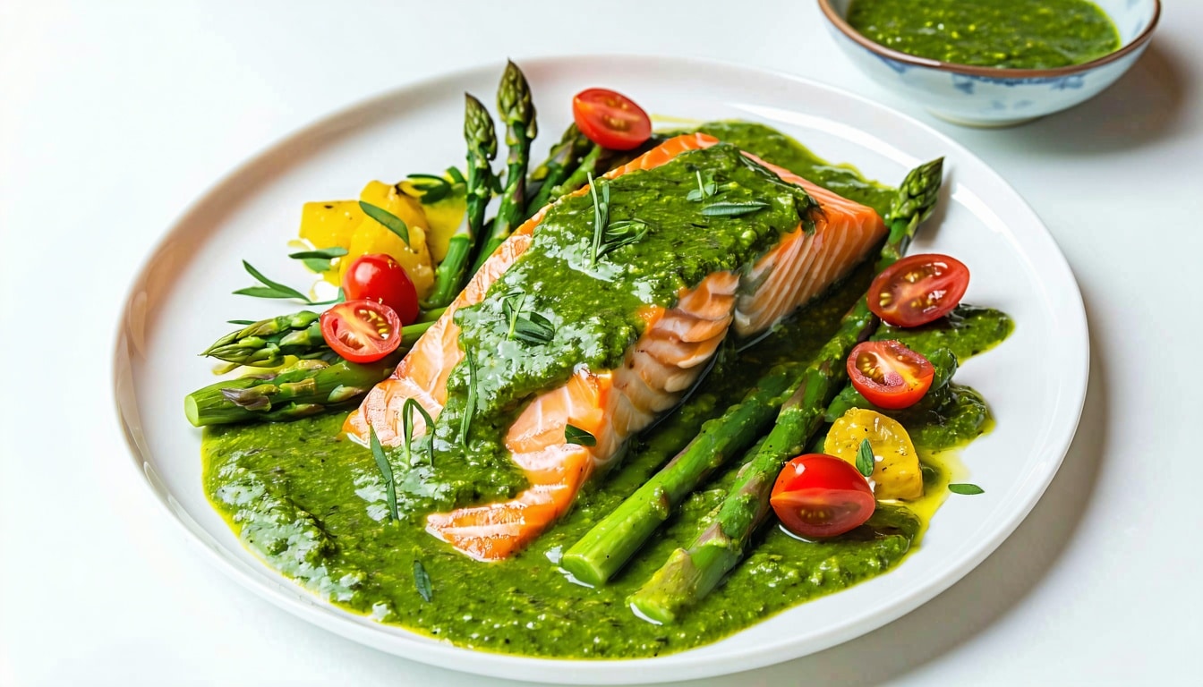 keto poached salmon with green goddess sauce