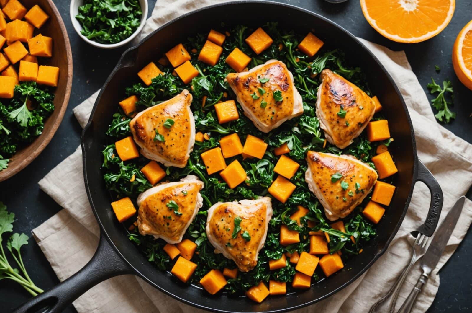 Paleo Diet Recipes for One-Skillet Chicken Thighs With Butternut Squash And Kale