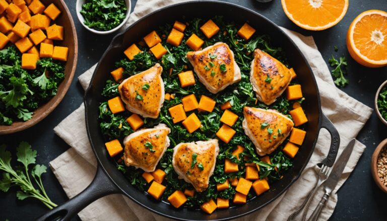 one-skillet chicken thighs with butternut squash and kale