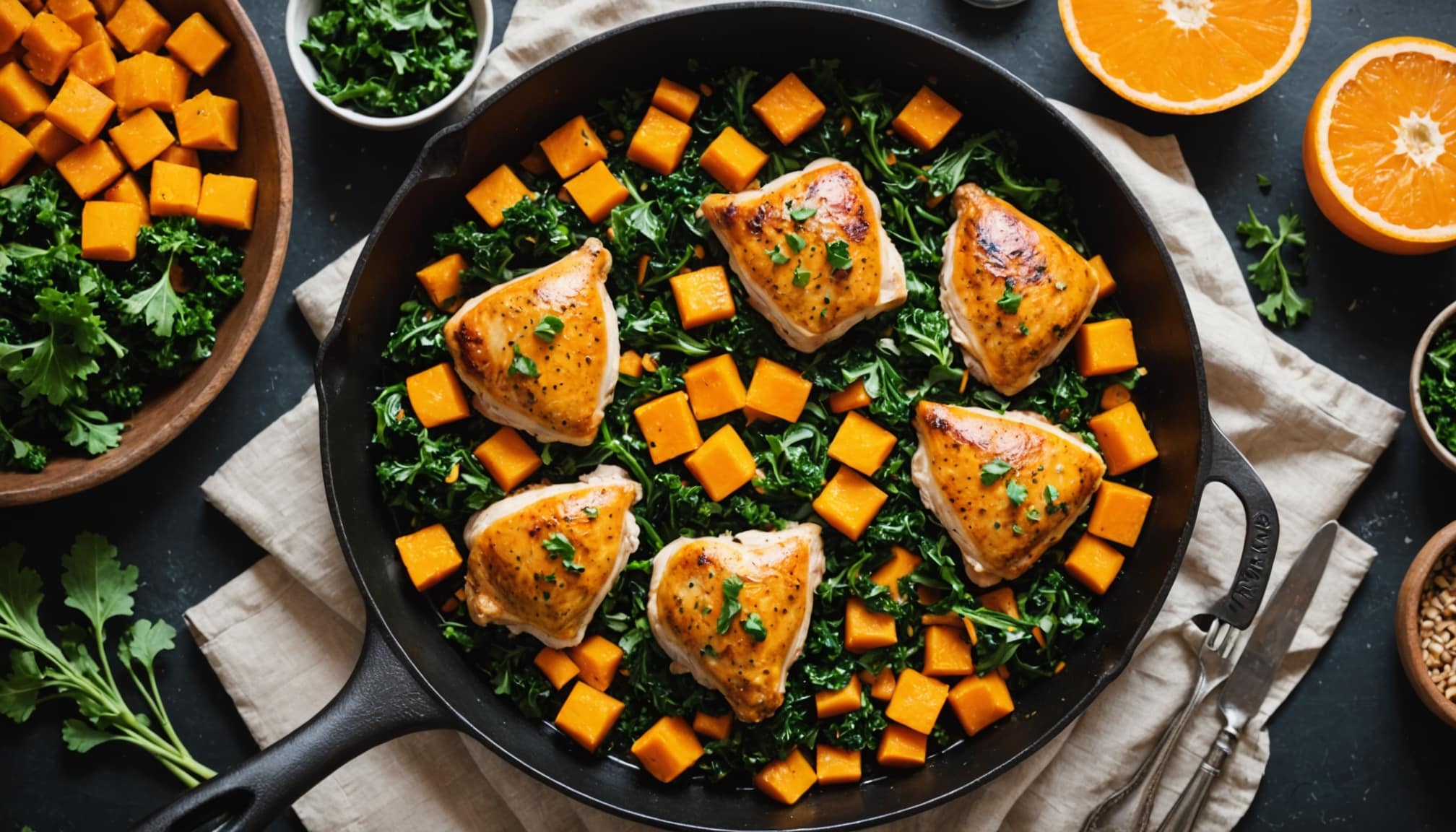 one-skillet chicken thighs with butternut squash and kale