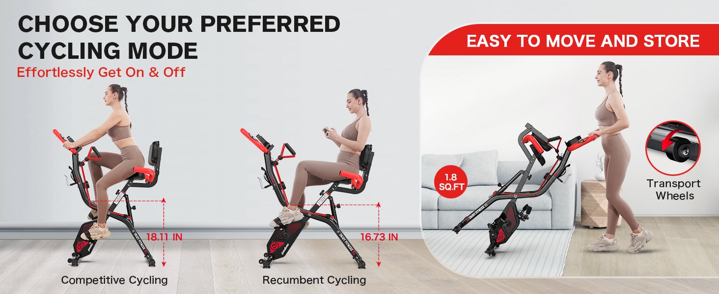 pooboo Folding Exercise Bike – 4-in-1 Foldable Stationary Indoor Cycling Bike